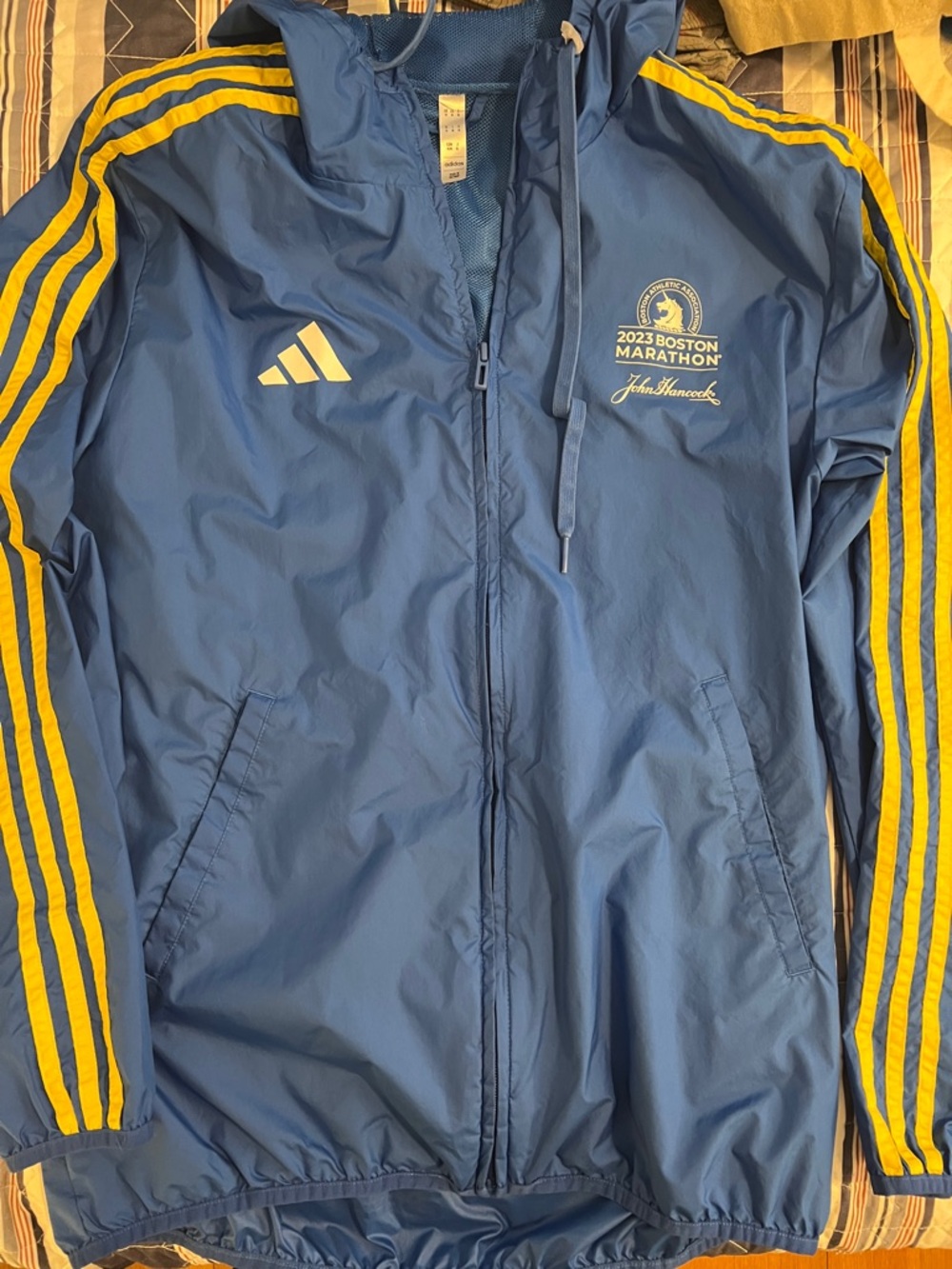 adidas Blue Windbreaker Jacket with Yellow Stripes